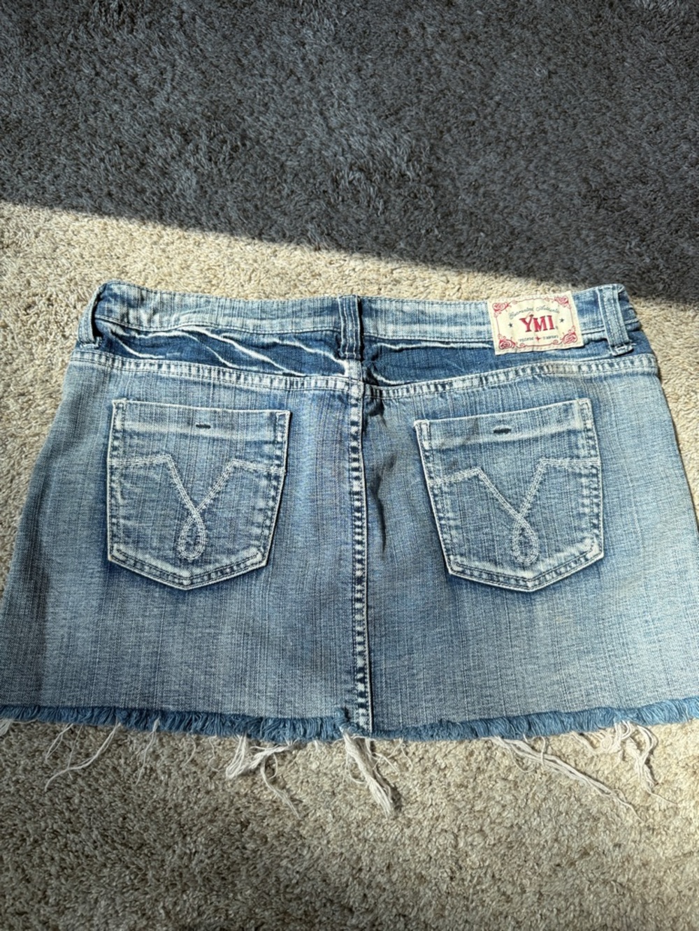 VINTAGE 2007 YMI Light Blue Distressed Denim Mini Skirt.